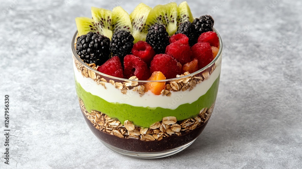 Layers of creamy yogurt, vibrant green smoothie, crunchy granola, and a colorful mix of kiwi, raspberries, and blackberries create a delicious parfait. Layers of creamy yogurt, vibrant green smoothie, crunchy granola, and a colorful mix of kiwi, raspberries, and blackberries create a delicious parfait.