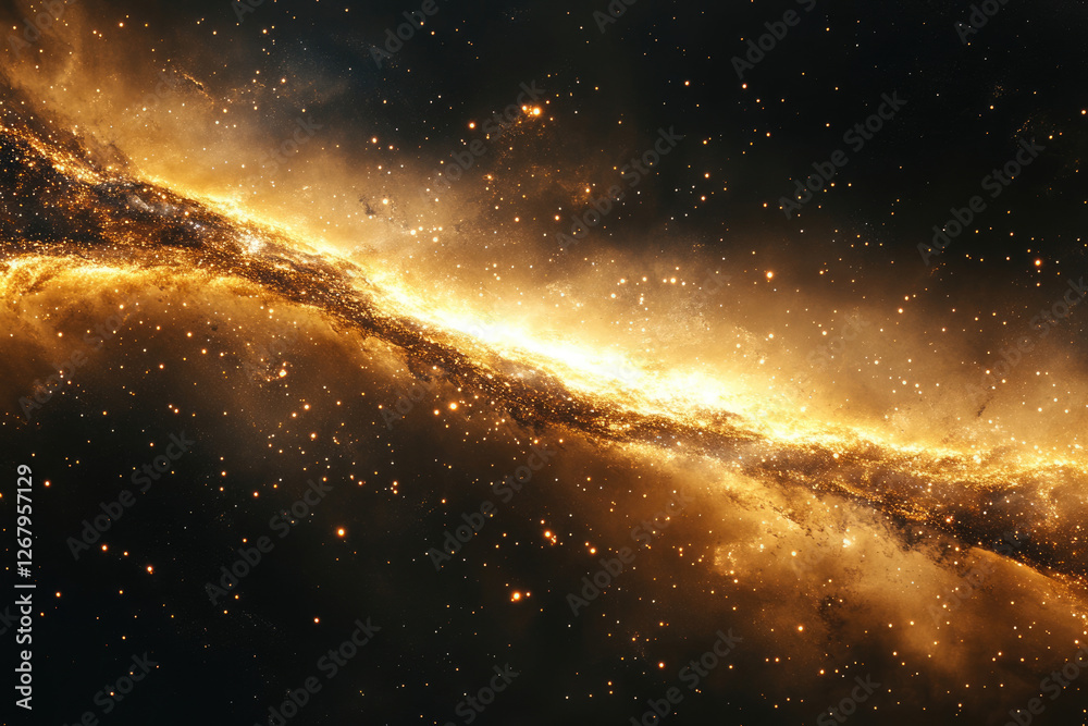Fototapeta premium A celestial river of golden light and stars flows through the inky blackness of space, a breathtaking cosmic vista.