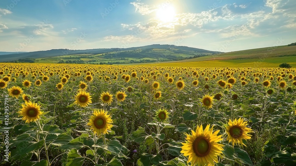 Obraz premium Lush Sunflower Field under Bright Blue Sky with Sun Rays Shining