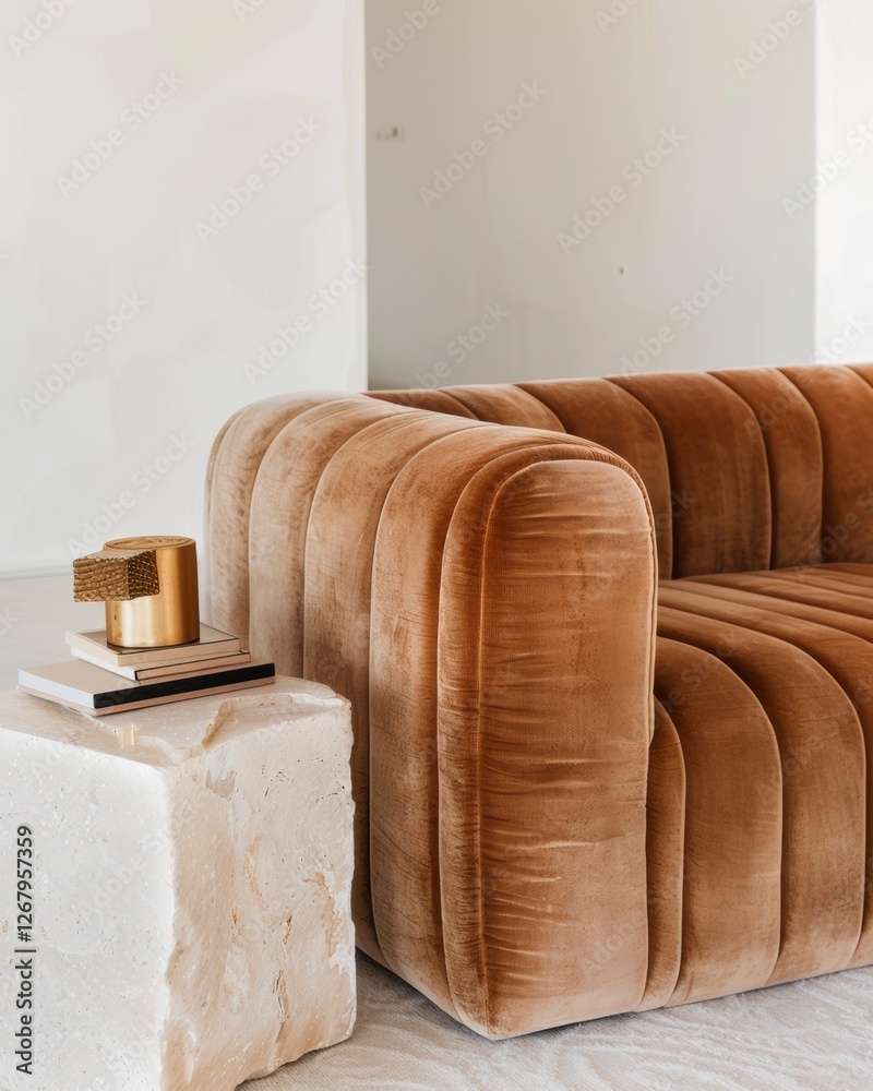Minimalist living room with plush velvet sofa in warm earthy tones minimalist modern contemporary boho
