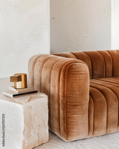 Obraz na płótnie Minimalist living room with plush velvet sofa in warm earthy tones minimalist modern contemporary boho w salonie