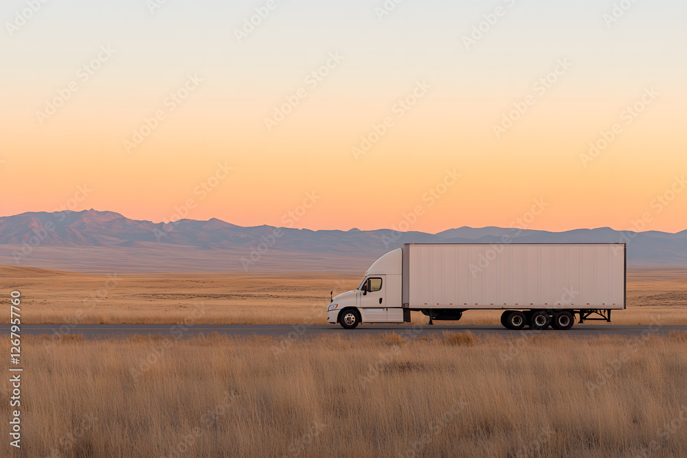 Semi-truck driving through a field at sunset with mountains in the background, conveying transportation and logistics in a peaceful setting. Semi-truck driving through a field at sunset with mountains in the background, conveying transportation and logistics in a peaceful setting.