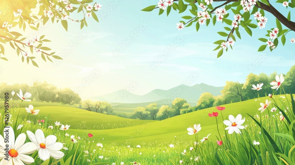 Fototapeta premium Bright and Lush Spring Landscape with Flowers and Gentle Hills