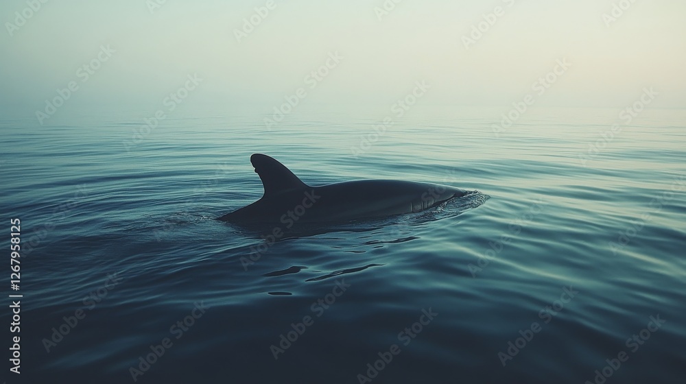 Fototapeta premium Dolphin swimming peacefully in the calm blue ocean under a bright sky with clouds