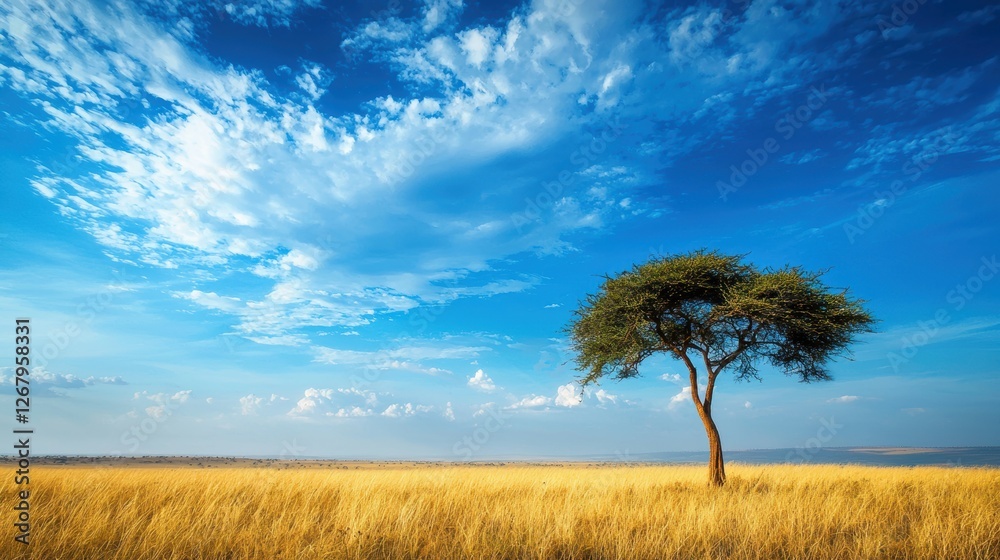 Fototapeta premium National Geographic A golden savanna with a lone acacia tree under a vast blue sky.