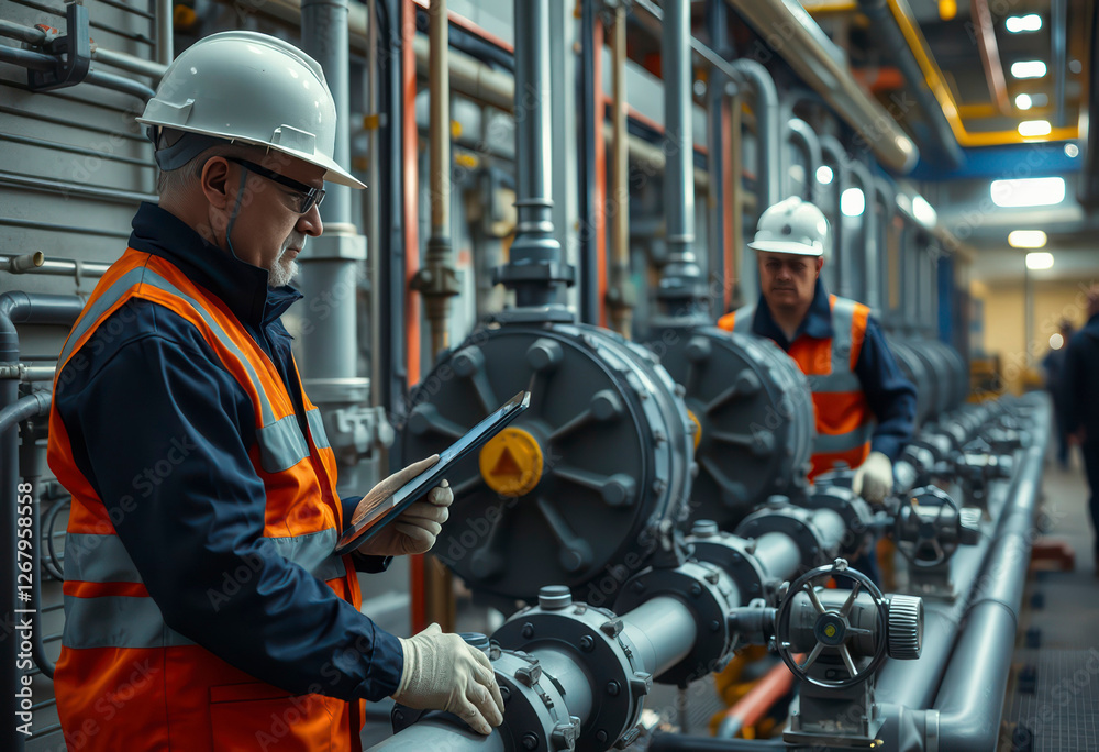 Engineers inspect and assess gas and water pipes for power supply and cooling efficiency in an industrial setting during sunset. Engineers inspect and assess gas and water pipes for power supply and cooling efficiency in an industrial setting during sunset.