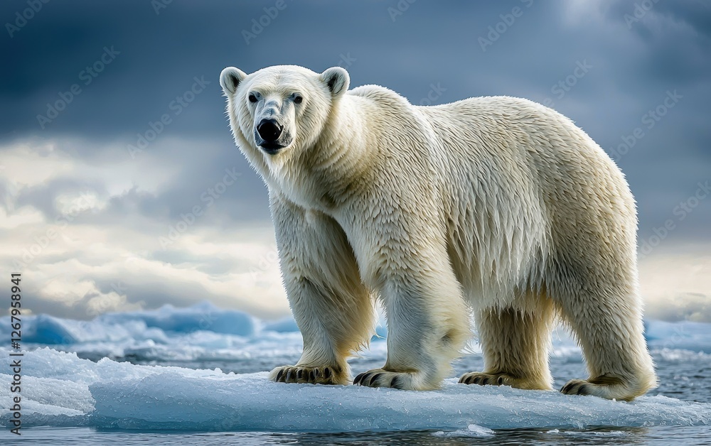 National Geographic Towering Polar Bear standing on a floating ice sheet, massive paws gripping the frozen surface, crisp Arctic air swirling around National Geographic Towering Polar Bear standing on a floating ice sheet, massive paws gripping the frozen surface, crisp Arctic air swirling around