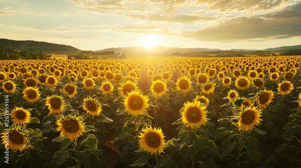 Obraz premium National Geographic Vast sunflower fields stretching towards the horizon under golden light.