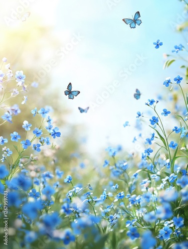 Blue tiny flowers on spring blooming meadow with flying butterflies. Banner of a fresh blooming forget-me-not in the sunshine.