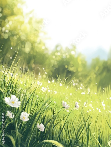 Beautiful spring meadow with grass and flowers in sunlight background banner, spring themed designs, nature projects, backgrounds, greeting cards, and floralthemed marketing materials photo