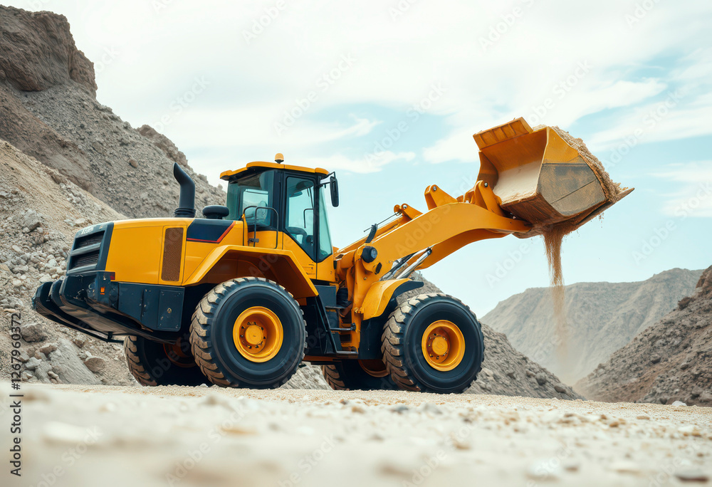 A powerful wheel loader works diligently at a construction site, moving earth and materials as the sun sets in the background. A powerful wheel loader works diligently at a construction site, moving earth and materials as the sun sets in the background.