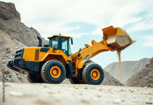 A powerful wheel loader works diligently at a construction site, moving earth and materials as the sun sets in the background.