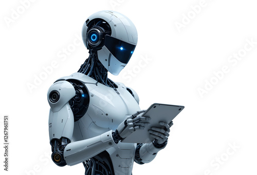 Working ai robot isolated on transparent background and 3d rendering.