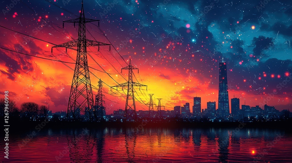 Fototapeta premium A vibrant sunset skyline with power lines reflecting on water.