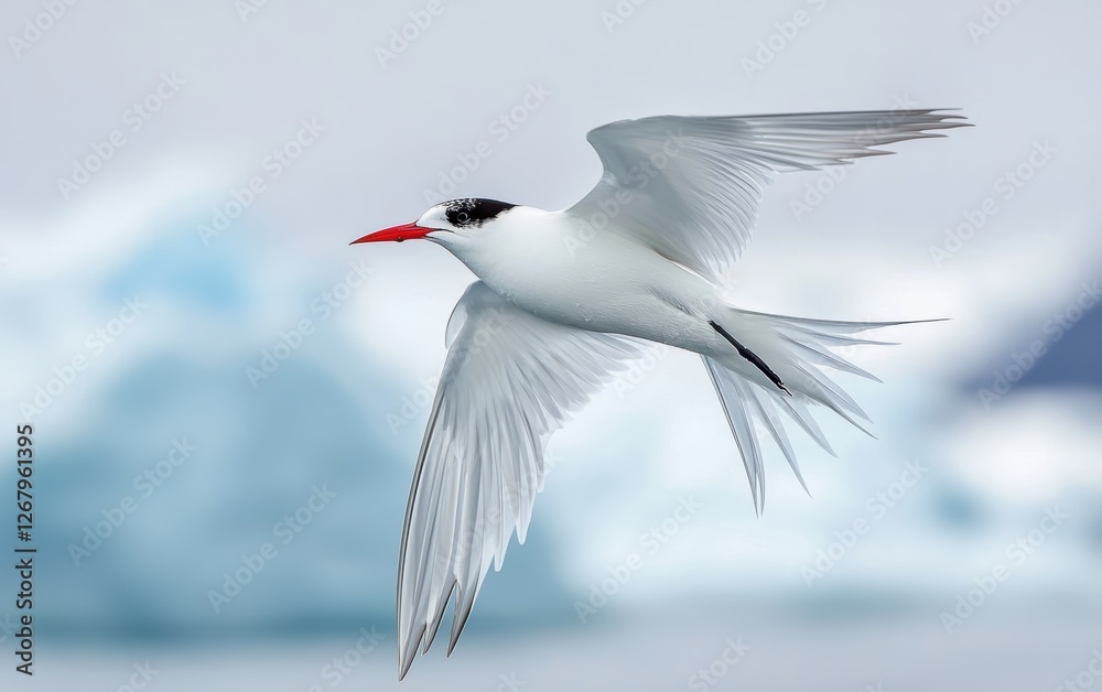 National Geographic Lone Arctic Tern soaring over an icy landscape, its wings cutting gracefully through the crisp air National Geographic Lone Arctic Tern soaring over an icy landscape, its wings cutting gracefully through the crisp air