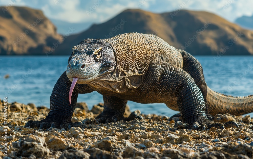 Obraz premium National Geographic Enormous Komodo Dragon prowling across a rocky island, powerful muscles visible beneath its scaly skin, tongue flicking out to sense the air