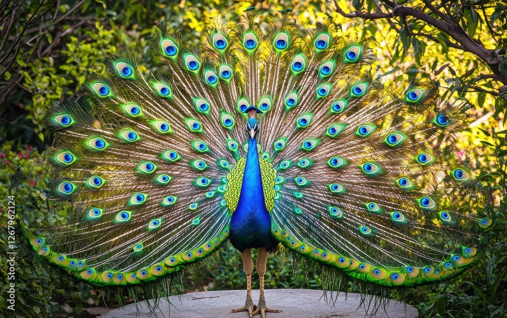 Obraz premium National Geographic Majestic Peacock displaying its vibrant feathers in a lush botanical garden, soft light highlighting the iridescent blues and greens
