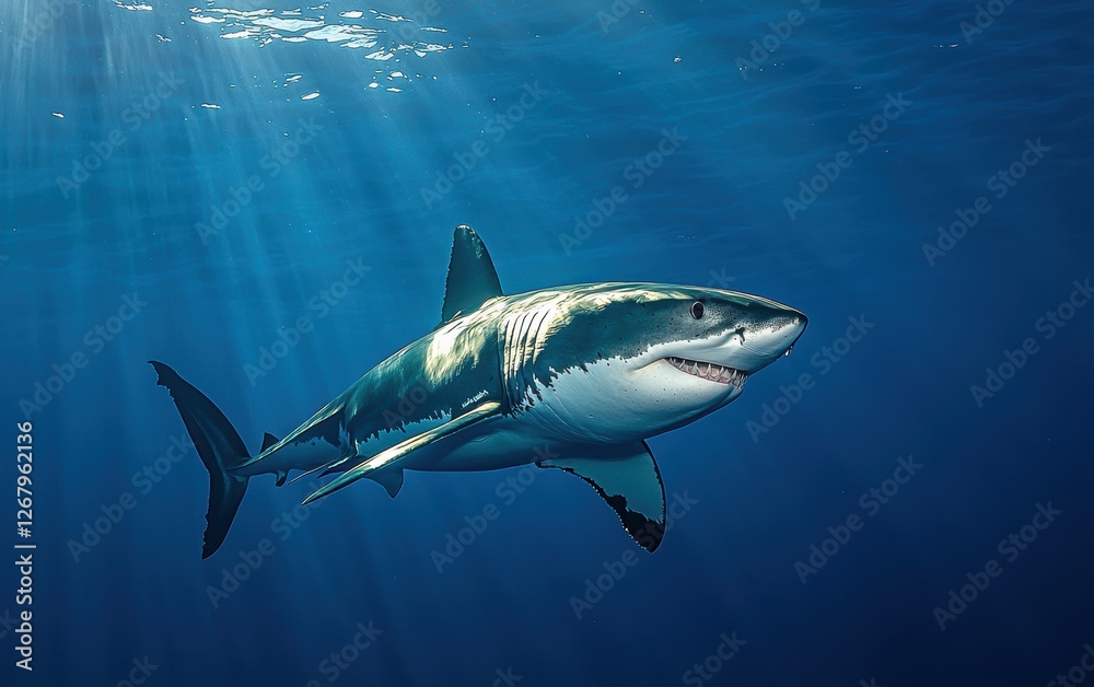 National Geographic Majestic Great White Shark swimming through the deep blue ocean, sunlight filtering through the water, revealing its sleek and powerful body National Geographic Majestic Great White Shark swimming through the deep blue ocean, sunlight filtering through the water, revealing its sleek and powerful body