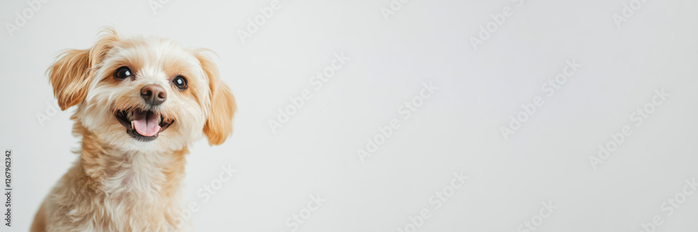 A funny and cheerful white-orange dog that stands out against a white background. The concept of care, animal life, health, exhibition. Banner. Isolated. A place to copy ads A funny and cheerful white-orange dog that stands out against a white background. The concept of care, animal life, health, exhibition. Banner. Isolated. A place to copy ads