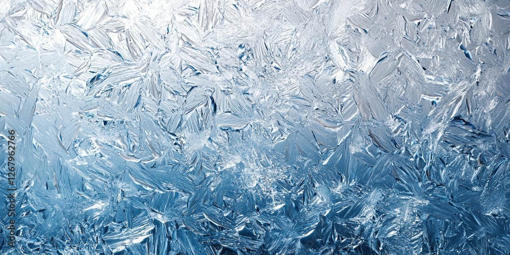 Frozen ice crystals on a window, with a blue and white color palette Frozen ice crystals on a window, with a blue and white color palette