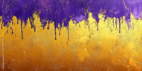 Abstract purple and gold background with dripping paint, golden texture, purple background, yellow wall art, textured painting