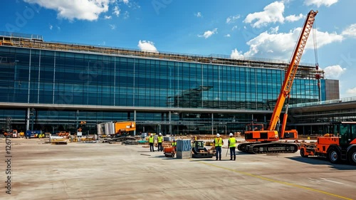 Airport terminal construction site with workers, crane, and machinery under blue sky