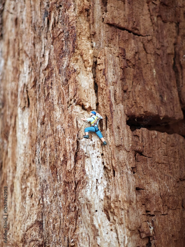 Fototapeta premium Miniatur Kletterfigur auf Baumstamm