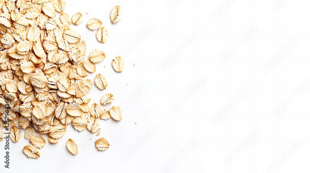 Rolled oats scattered on a white background. A healthy and nutritious breakfast option. Rolled oats scattered on a white background. A healthy and nutritious breakfast option.