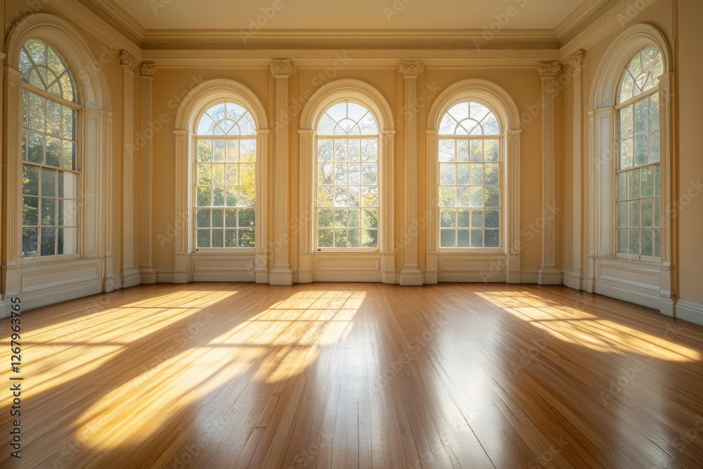 Sunlit empty room with elegant arched windows and wooden flooring Sunlit empty room with elegant arched windows and wooden flooring