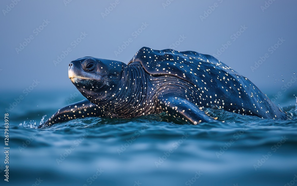 Obraz premium National Geographic Massive Leatherback Sea Turtle paddling effortlessly through the open ocean, its ancient shell covered in barnacles