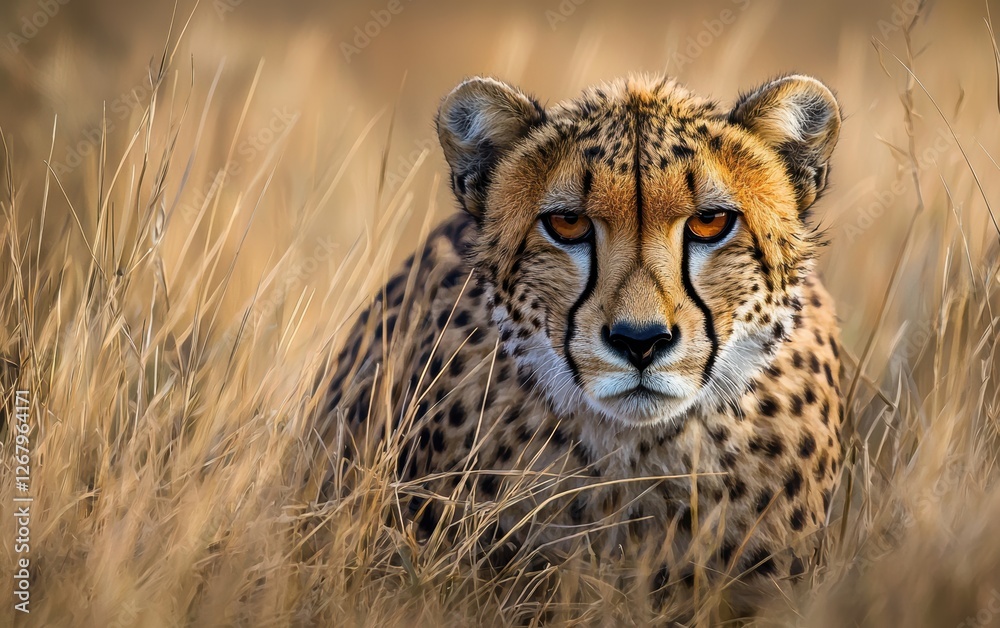 National Geographic Stealthy Cheetah crouching in tall grass, golden eyes locked on its prey, powerful body poised to strike National Geographic Stealthy Cheetah crouching in tall grass, golden eyes locked on its prey, powerful body poised to strike