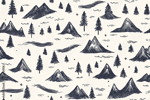 Mountains, trees, and rivers, outdoor adventure-themed hand-drawn seamless pattern.