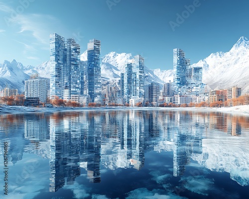 Winter city reflected in calm lake, snowy mountains photo