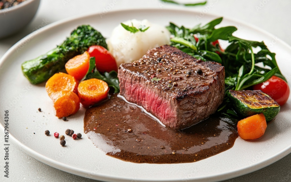 Steak with rich peppercorn sauce and side vegetables on a soft neutral background Steak with rich peppercorn sauce and side vegetables on a soft neutral background