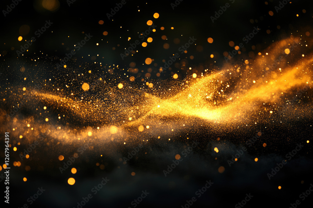 Fototapeta premium A mesmerizing wave of golden particles and bokeh lights dances across a dark background, creating a magical, luxurious feel.