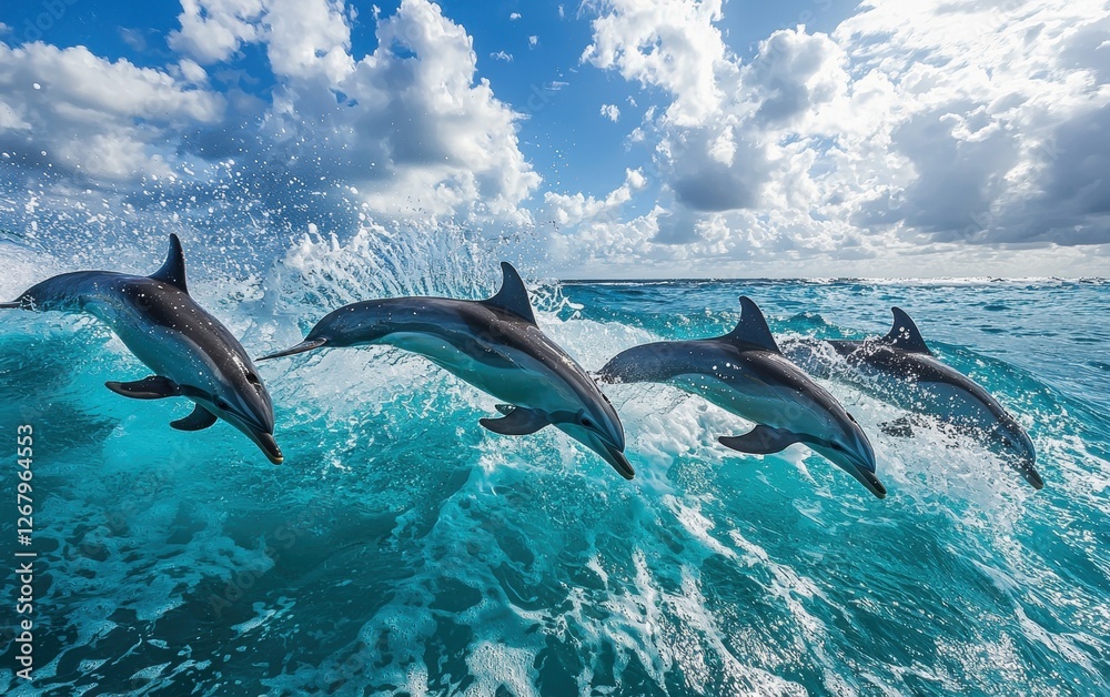 Fototapeta premium National Geographic Playful Dolphins leaping through the waves in perfect synchronization, their sleek bodies glistening in the tropical sunlight