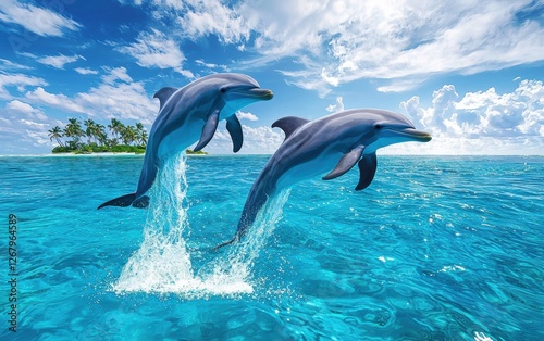 , National Geographic Playful Dolphins leaping out of crystal-clear turquoise water, splashes shimmering in the sun, tropical islands in the distance