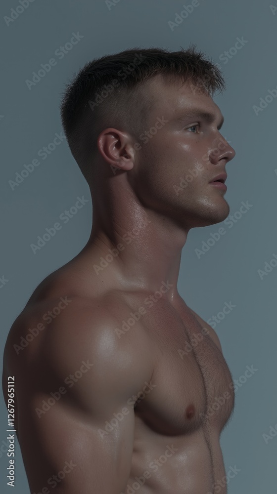 Fototapeta premium A muscular White man stands confidently in profile, highlighting his toned physique and strong facial features in a studio setting