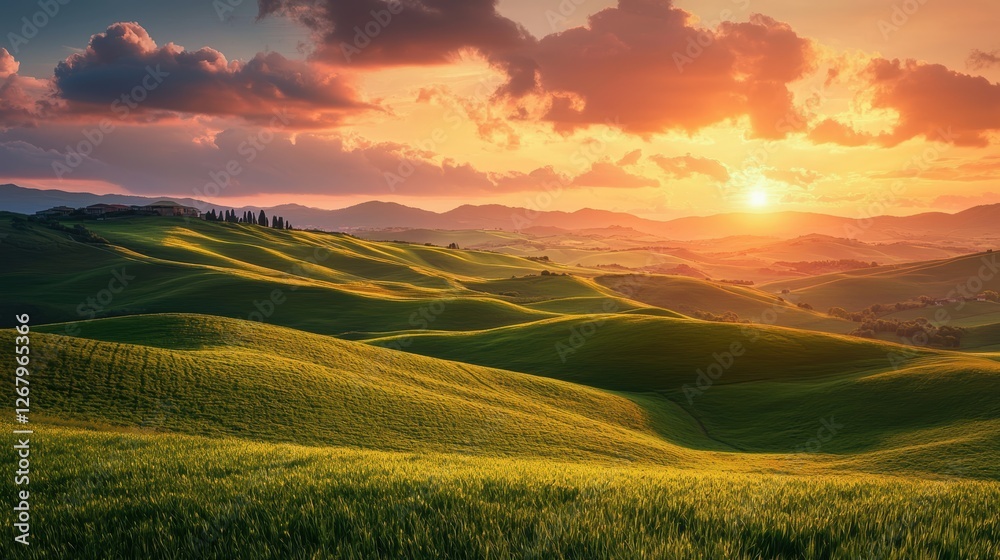 Obraz premium National Geographic Rolling green hills under a sky painted with warm hues of sunset.