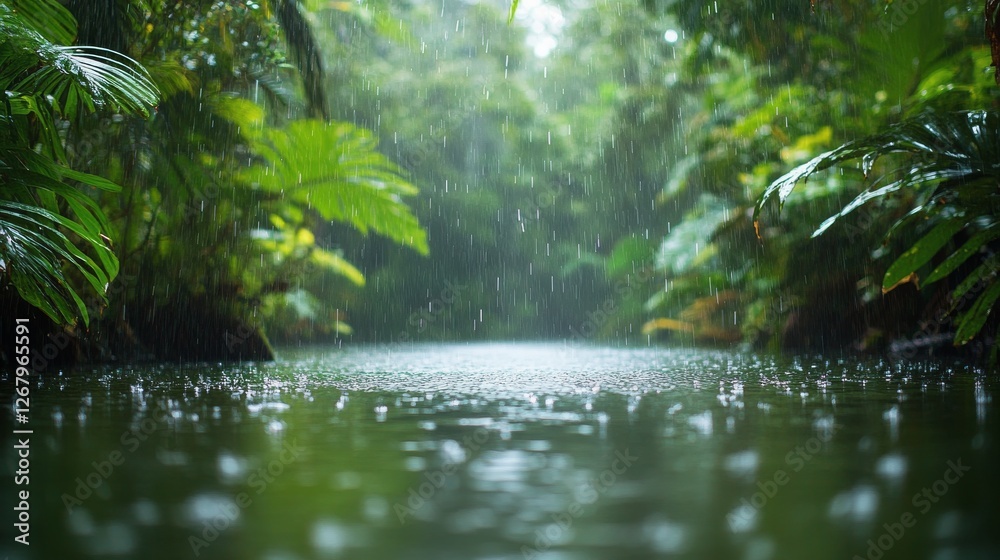 Rain falling softly on a tranquil river surrounded by dense jungle vegetation Rain falling softly on a tranquil river surrounded by dense jungle vegetation