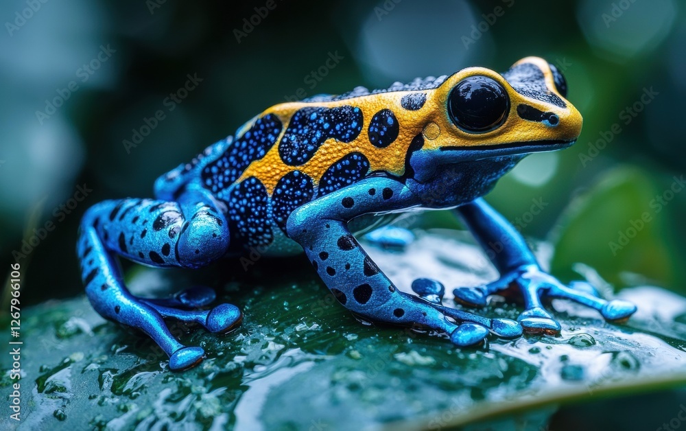 National Geographic Vibrant Poison Dart Frog resting on a wet jungle leaf, tiny limbs glowing in neon shades of blue and yellow National Geographic Vibrant Poison Dart Frog resting on a wet jungle leaf, tiny limbs glowing in neon shades of blue and yellow
