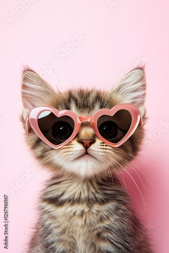 Adorable kitten with heart-shaped sunglasses on pink background