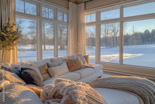 Cozy winter living room with large windows overlooking snowy landscape