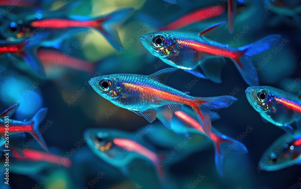 Fototapeta premium National Geographic Tiny Neon Tetra fish swimming in a synchronized school, their iridescent blue and red bodies flashing under the waters surface