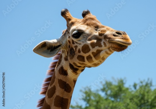 A giraffe s head and neck  with a light brown coat and expressive eyes  shot from a low angle against a clear blue sky and green trees.  