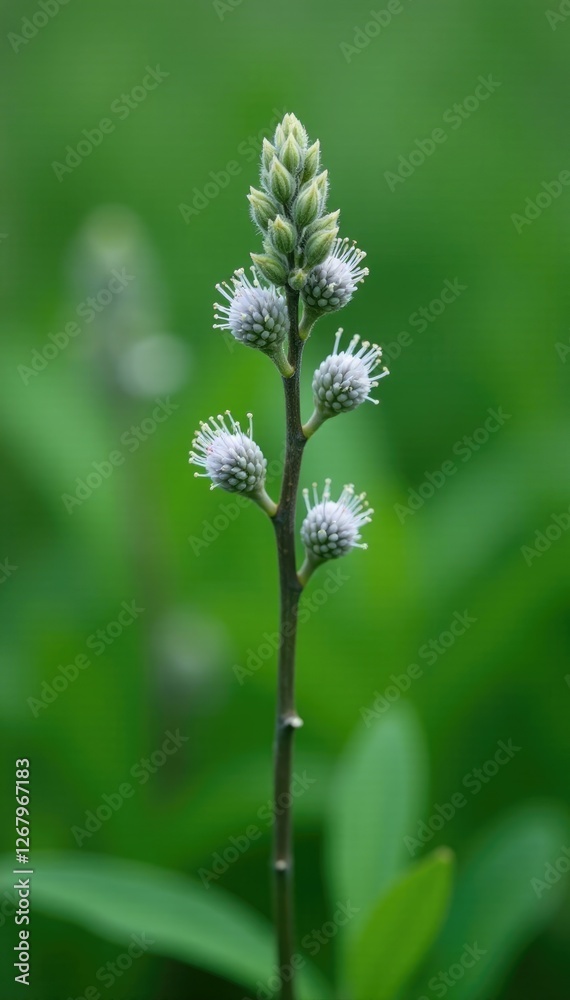 Soft gray flower clusters on a slender willow stem, foliage, willow Soft gray flower clusters on a slender willow stem, foliage, willow