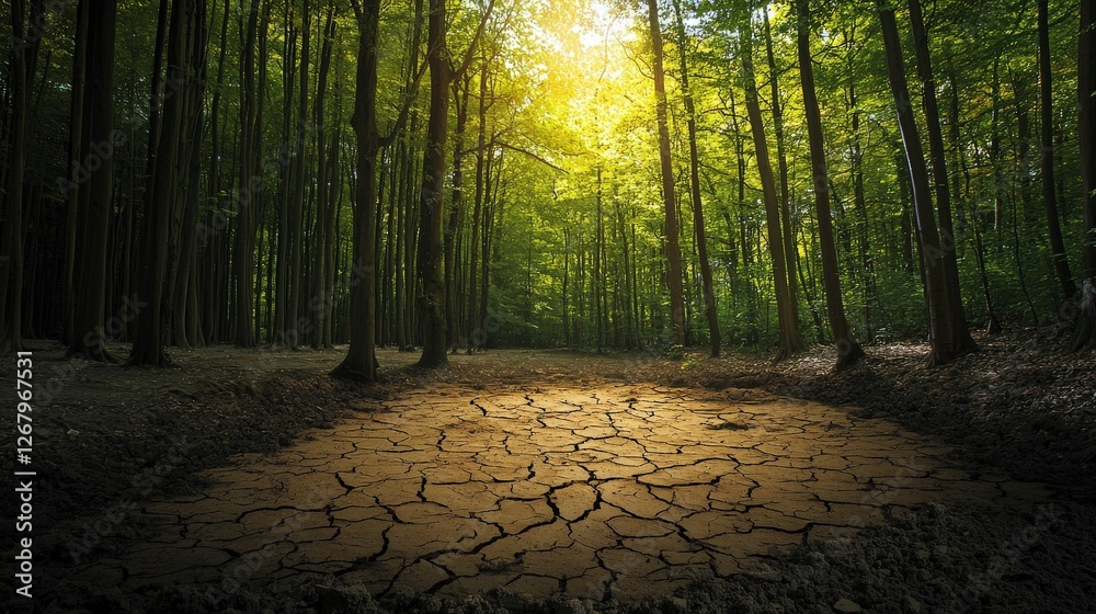 Fototapeta premium This image captures a vibrant forest with dappled sunlight filtering through trees onto parched earth, highlighting the dire effects of drought in a striking visual narrative.