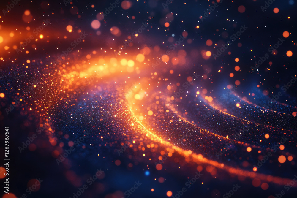 Abstract cosmic artwork depicting swirling nebula with vibrant orange and blue hues, glittering particles and bokeh effect. Abstract cosmic artwork depicting swirling nebula with vibrant orange and blue hues, glittering particles and bokeh effect.