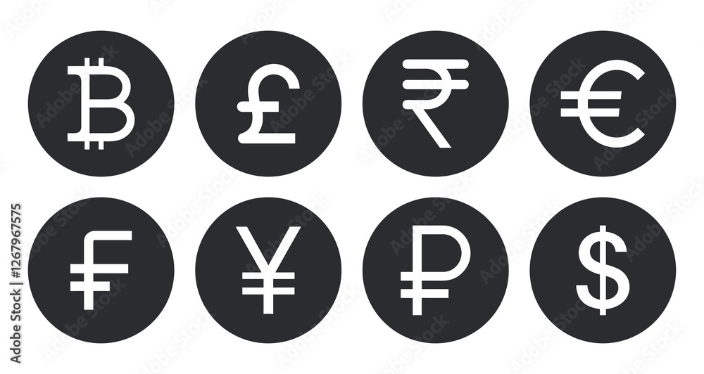 Popular Currency Symbols Collection. Dollar, Euro, British Pound, Chinese Yuan, Franc, and Bitcoin Icons. Vector Design Popular Currency Symbols Collection. Dollar, Euro, British Pound, Chinese Yuan, Franc, and Bitcoin Icons. Vector Design
