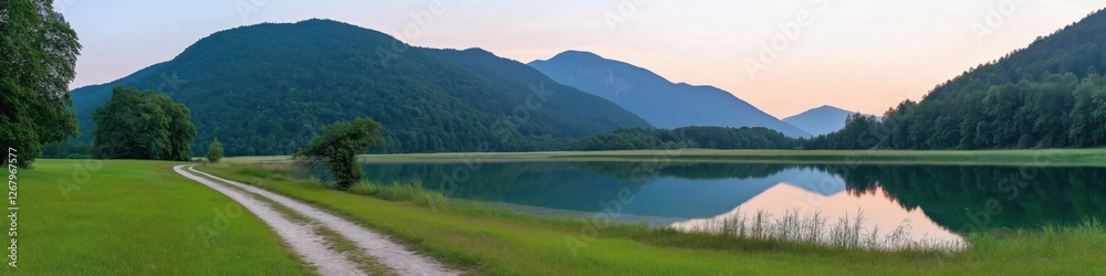 Naklejka premium A beautiful landscape with a road leading to a lake. The lake is calm and the sky is a mix of orange and blue. The scene is peaceful and serene
